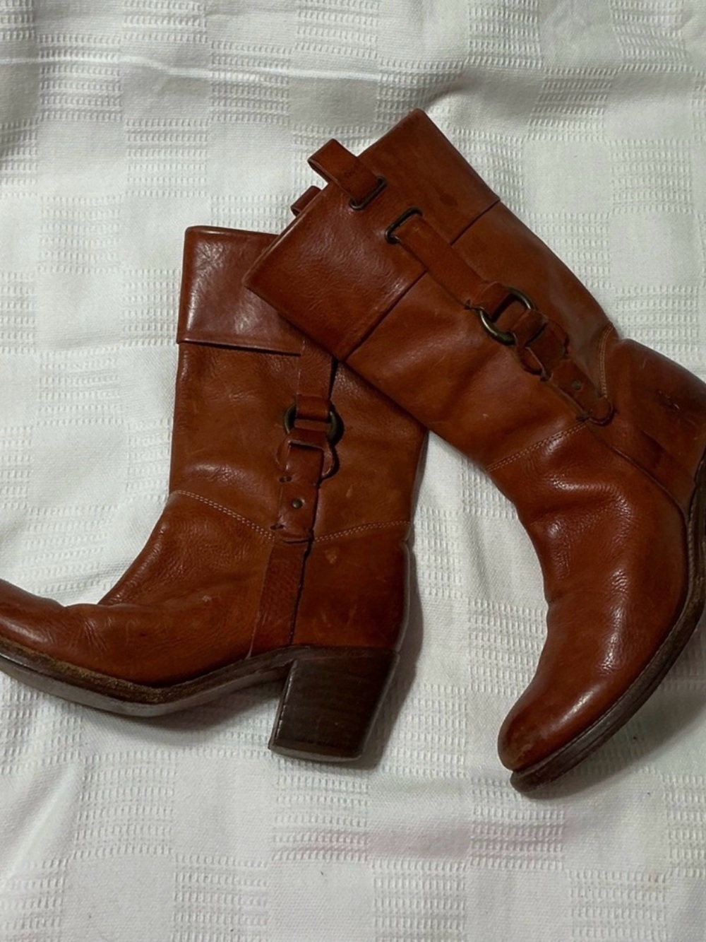 Frye Jane Tan Brown Harness Leather Mid-Calf Motorcycle Boots